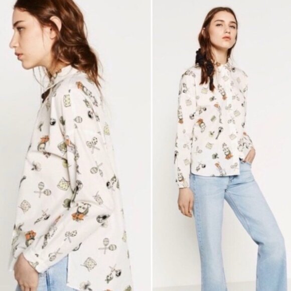 EUC Zara White Poplin Button Down Shirt Shirt with Latin-Themed Print - Picture 2 of 9